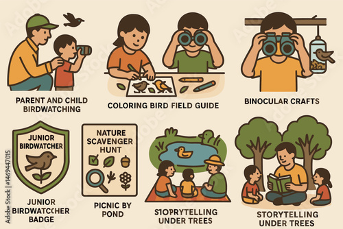 Birdwatching and nature flat icons set – activities, wildlife, outdoor adventure symbols