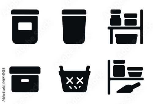 Pantry and storage solid icons set – filled, organized, kitchen essentials visuals