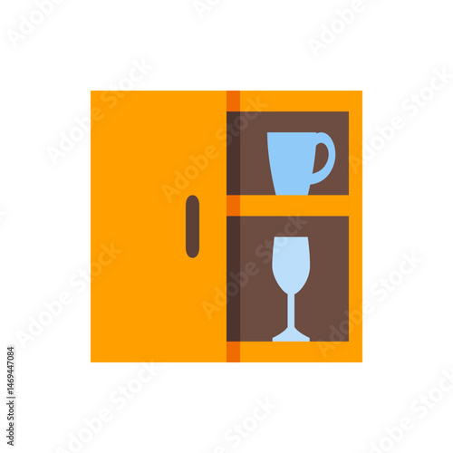 A cupboard with an orange door is partially open revealing a cup and a wine glass inside the storage unit