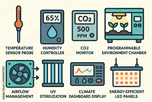 Environmental monitoring icons set – flat, filled, sensor and climate management symbols