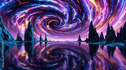 Mystical spiral vortex over alien landscape with stunning reflections at dusk