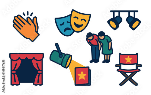 Theater and performance icons set – flat, silhouette, drama and stage symbols