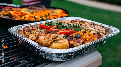 Grilled Chicken and Vegetables on a Barbecue Grill