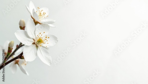 Delicate white blossoms against pure white backdrop, white flowers, aesthetic