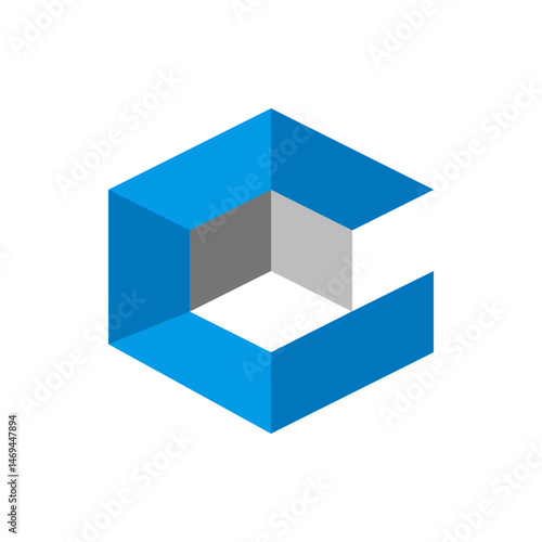 Isometric view of a blue and gray three dimensional shape resembling a letter c with a white interior