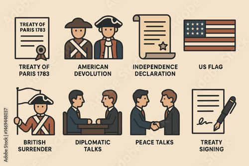 American revolution flat icons set – historical, independence, diplomacy symbols