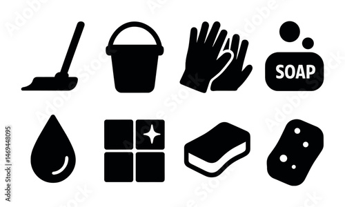 Cleaning tools solid icons set – silhouette, filled, hygiene and sanitation symbols