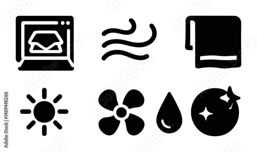 Cleaning essentials solid icons set – flat, filled, hygiene and sanitation symbols