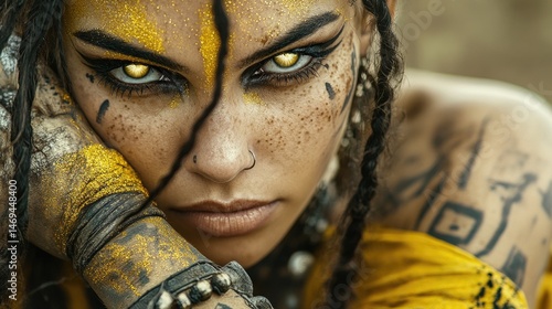 Futuristic priestess close-up with golden face paint, glowing tattoos, sacred cyberpunk.