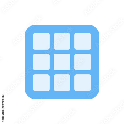 Illustration of a blue square grid with rounded corners and nine light blue squares inside it neatly arranged