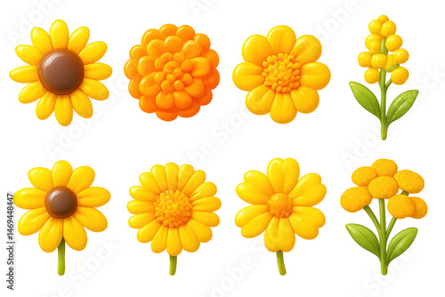 Y2k floral icons set – sunflower, daisy, marigold, blossom, bouquet, yellow. 3D icon set