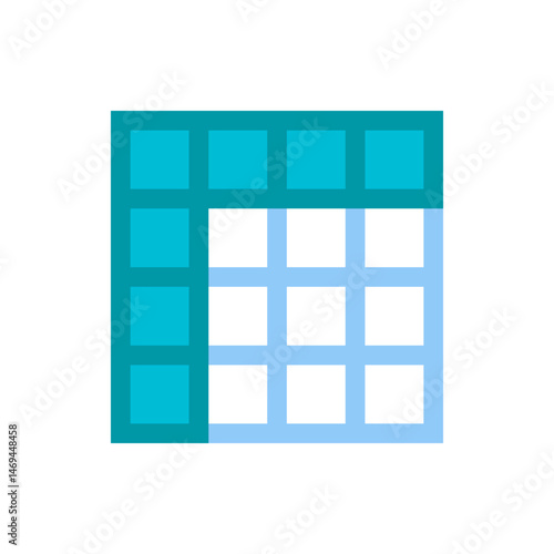Illustration of a square grid with light blue lines and a partial fill of teal squares on the top and left