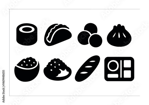 Asian cuisine silhouette icons set – dim sum, sushi, foodie symbols