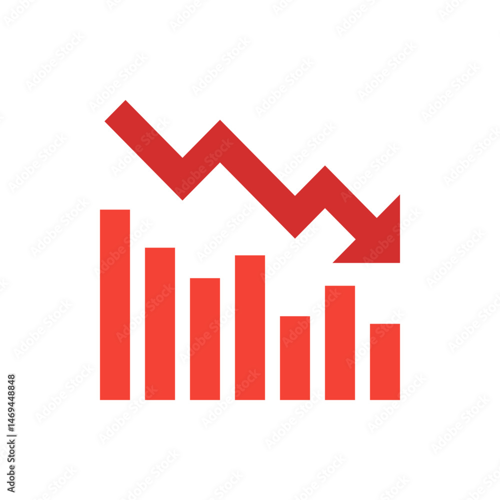 Red downward trend arrow over bar graph showing decrease in value or performance on a white background Red downward trend arrow over bar graph showing decrease in value or performance on a white background