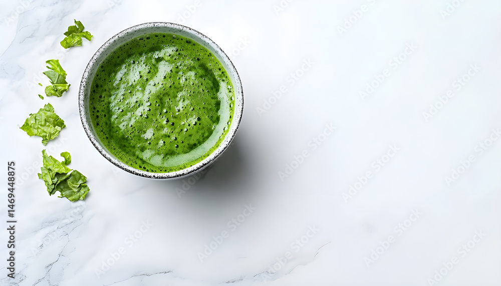 Refreshing green tea in a cup on a marble table on a white background. Space for text