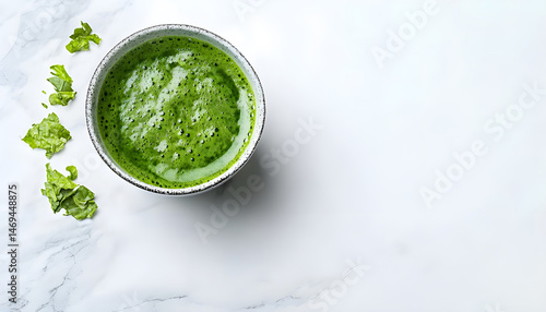 Obraz na płótnie Refreshing green tea in a cup on a marble table on a white background. Space for text w salonie