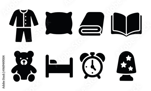 Bedtime solid icons set – silhouette, sleep, night routine essentials