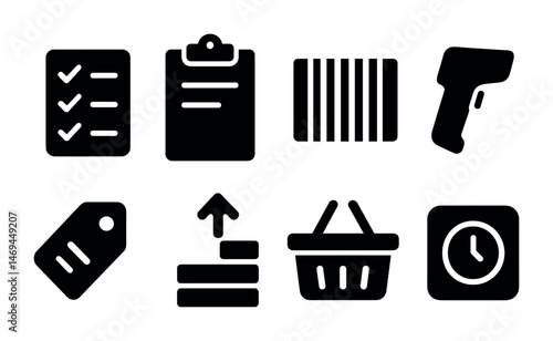 Inventory management solid icons set – filled, checklist, barcode and scanning symbols
