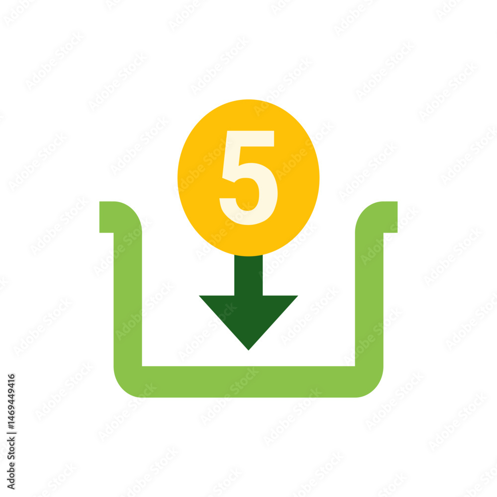 Illustration of a green arrow pointing down into a green container with a yellow circle and number 5 Illustration of a green arrow pointing down into a green container with a yellow circle and number 5