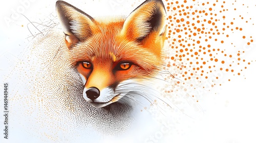 Wallpaper Mural Fox Face in Dots: A cunning fox's face, composed of orange and white dots, with fine lines connecting to form its sharp eyes and pointed ears. 
 Torontodigital.ca