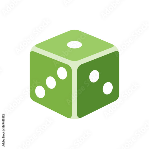 Isometric view of a green die with white dots showing sides with one three and four pips displayed nicely