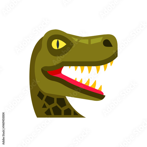 Illustration of a green cartoon dinosaur head with yellow eyes and teeth and a pink tongue showing 100 char
