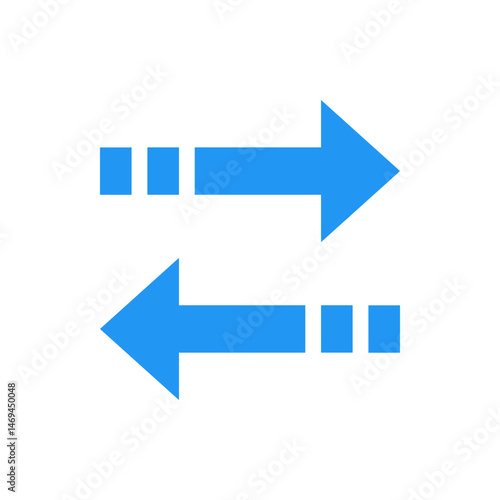 Two horizontal blue arrows pointing in opposite directions with dashed lines on a white background design