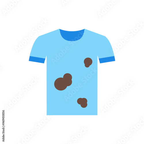A light blue t shirt with a round neck and short sleeves that has several brown stains on the front