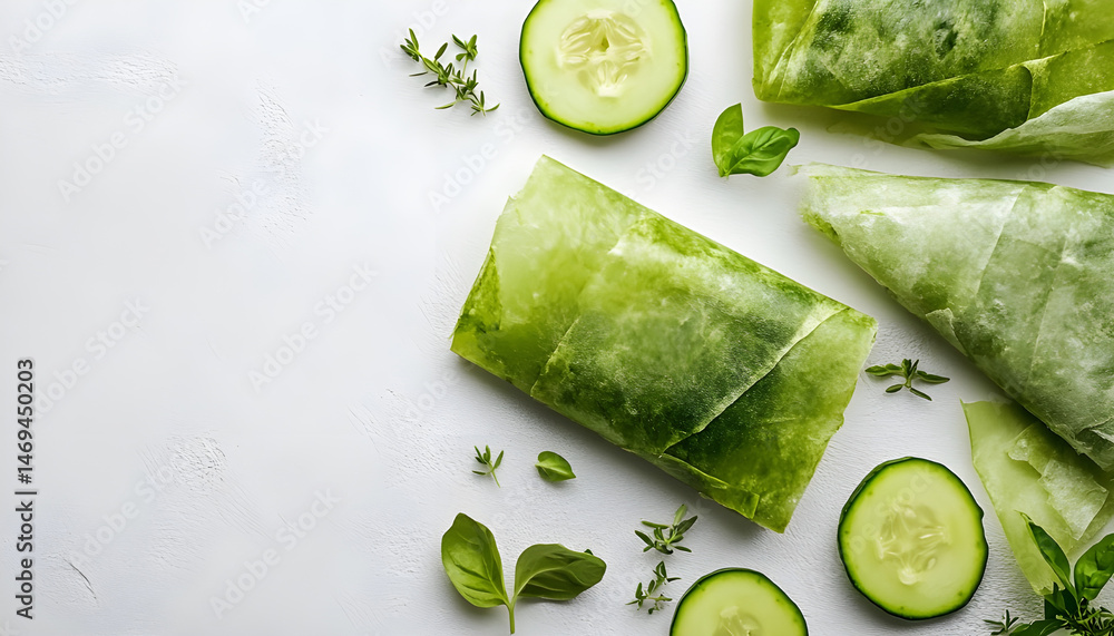 Green beeswax food wraps on white background, top view. Banner design