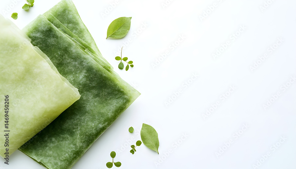 Green beeswax food wraps on white background, top view. Banner design