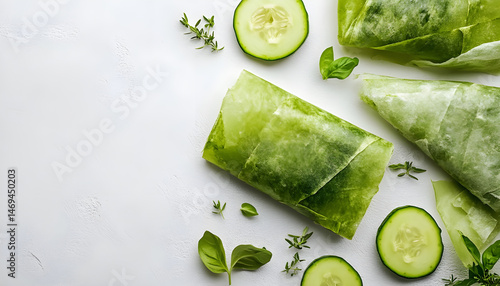 Green beeswax food wraps on white background, top view. Banner design