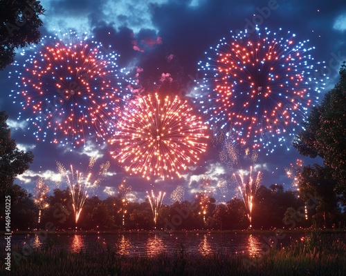 Fototapeta Naklejka Na Ścianę i Meble -  Fireworks display over a tranquil lake at night.  A vibrant celebration