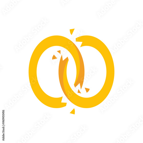 Illustration of broken golden wedding rings with shattered pieces on a white isolated background design
