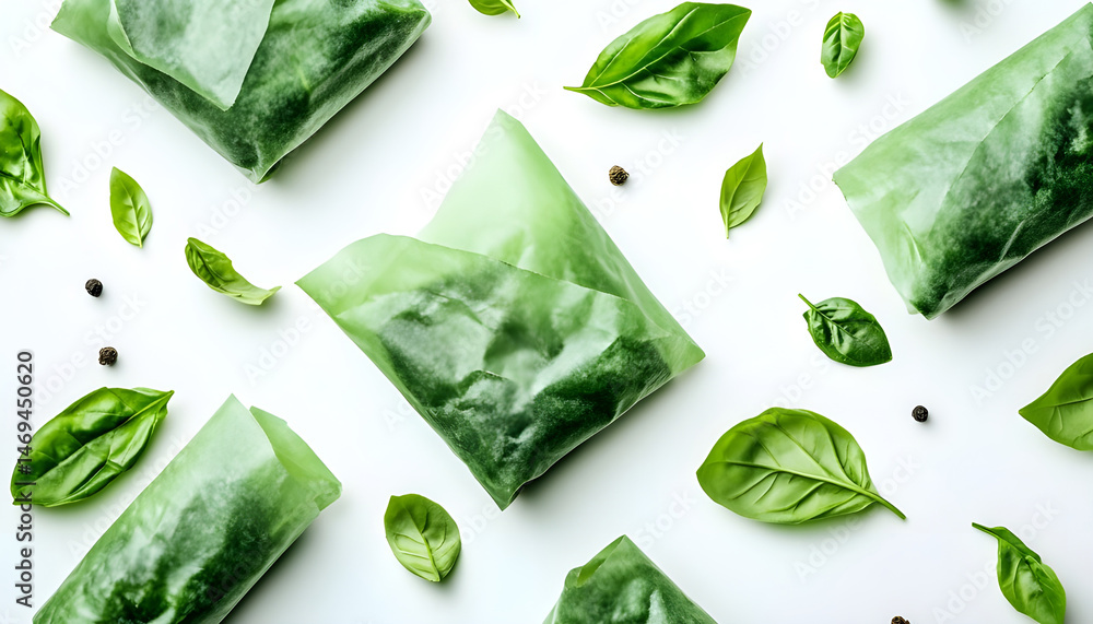 Green beeswax food wraps on white background, top view. Banner design