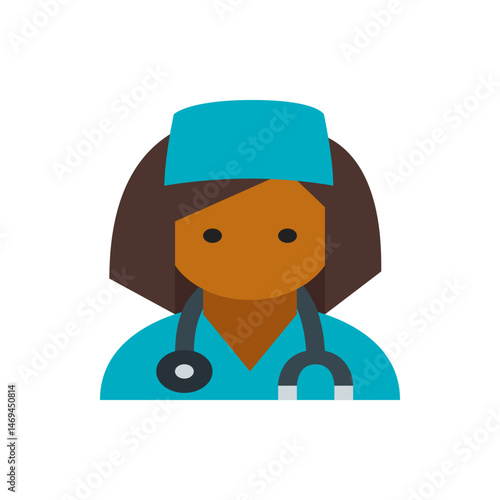Illustration of a female nurse with brown hair wearing a blue uniform and a stethoscope around her neck
