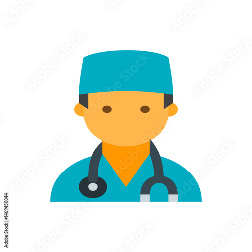 Illustration of a medical professional wearing a blue surgical cap and stethoscope with a friendly expression