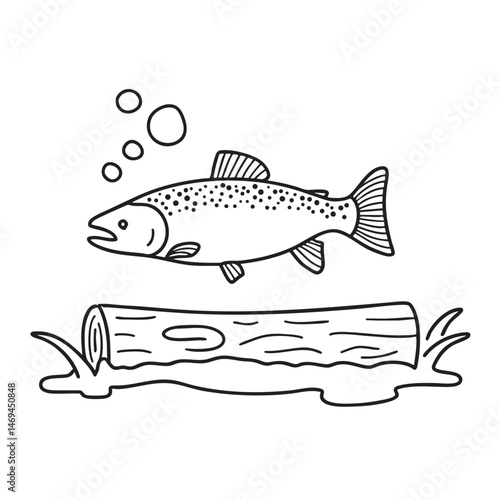 A salmon next to a driftwood log in a flowing stream with air bubbles