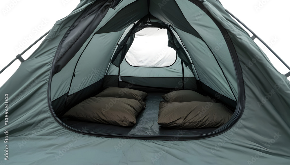 Closeup of couple in camping tent on white background, view from inside