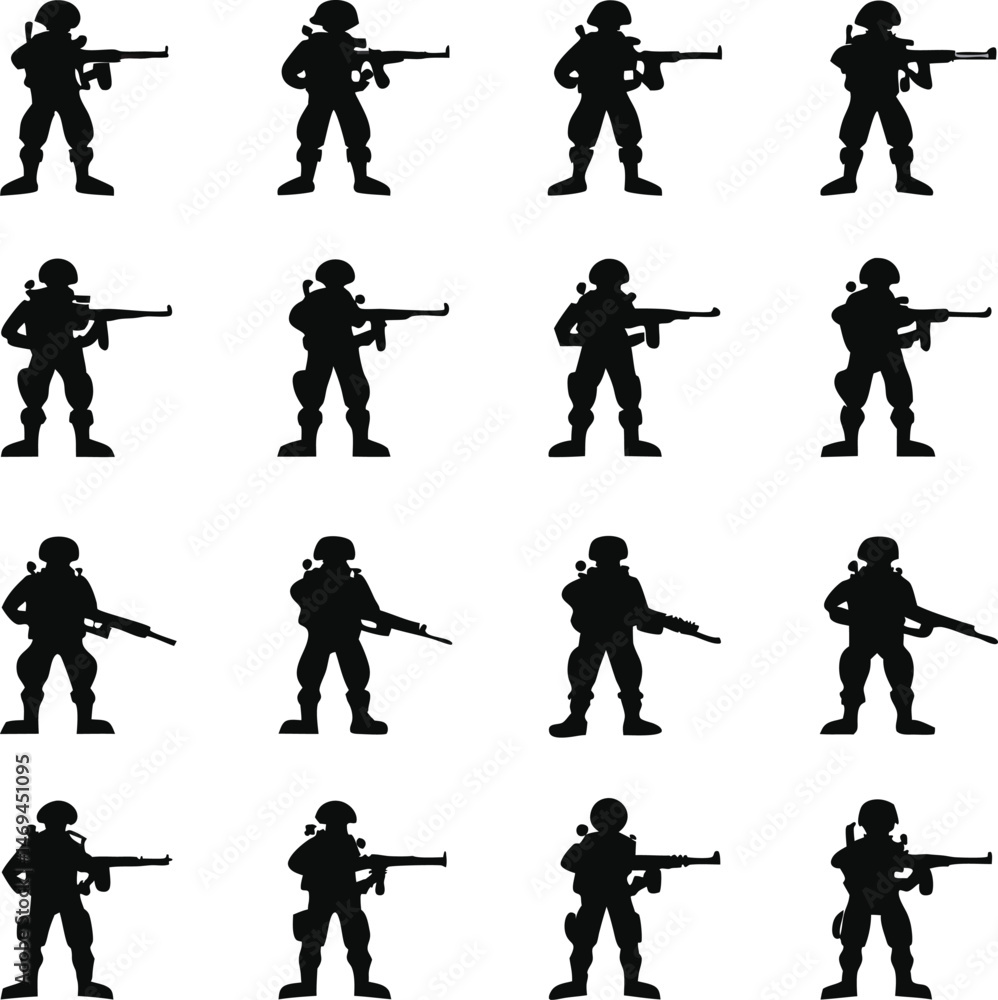 Fototapeta premium Silhouette of Soldiers with Rifles in Various Poses