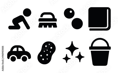 Cleaning and hygiene solid icons set – silhouette, filled, sanitation symbols