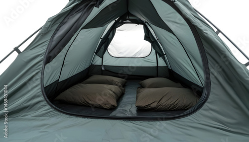 Obraz na płótnie Closeup of couple in camping tent on white background, view from inside w salonie