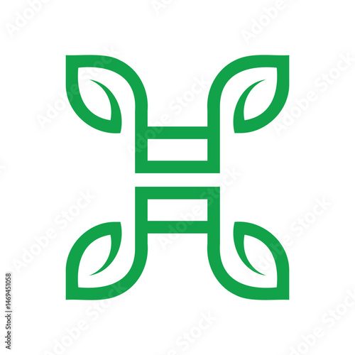 Stylized H letter logo in green, featuring symmetrical leaf accents on each end and clean horizontal bars. Perfect for organic brands, eco startups, sustainability, or wellness-related businesses.