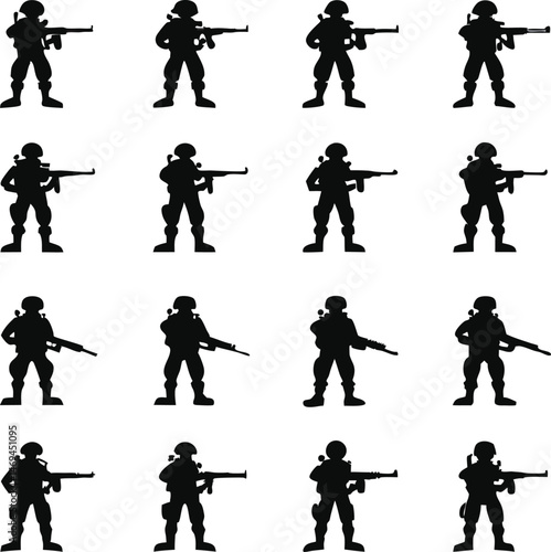 Silhouette of Soldiers with Rifles in Various Poses