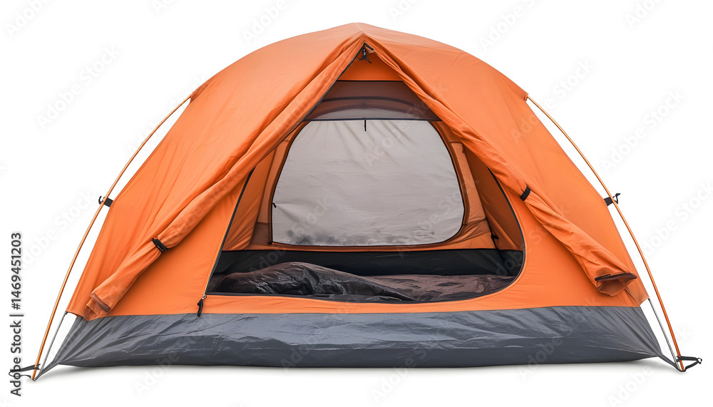 Closeup of couple in camping tent on white background, view from inside