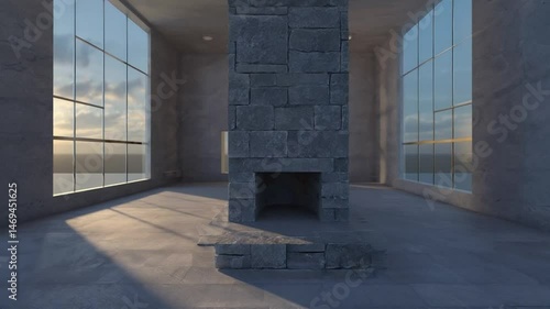 Empty Modern Room with Stone Fireplace and Large Windows