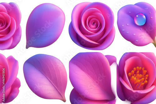 Y2k 3d rose icons set – petals, bloom, dew, close-up, violet, pink, nature, floral, aesthetic, vibrant. 3D icon set