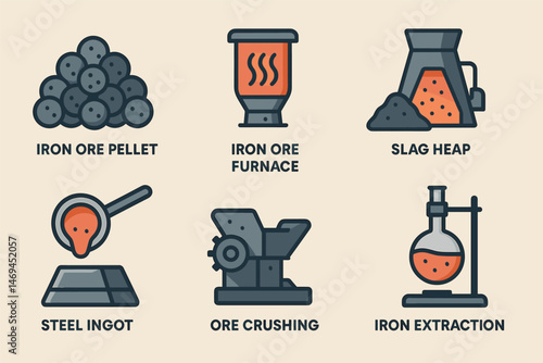 Heavy industry and mining icons set – flat, filled, manufacturing symbols