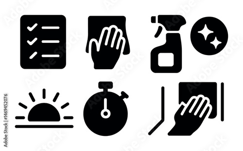Cleaning and maintenance solid icons set – filled, hygiene and sanitation symbols