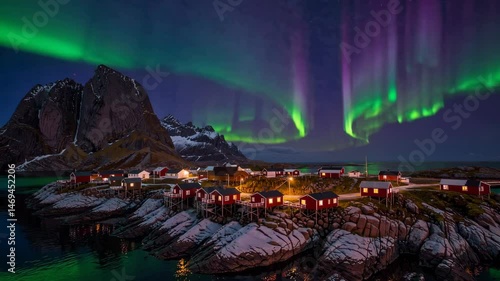 Mesmerizing northern lights dance over serene coastal village at night