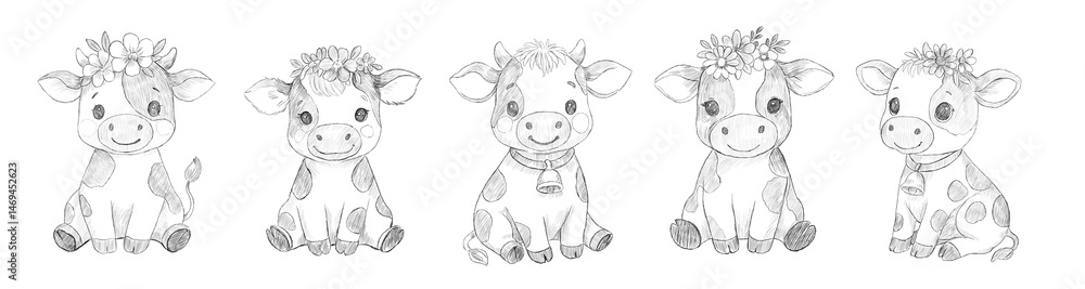 Naklejka premium Adorable Baby Cow Pencil Sketches – Set of 5 Hand-Drawn Calf Illustrations. Created using an AI-assisted base sketch and hand-refined digitally. Ideal for kids room decor, nursery prints.